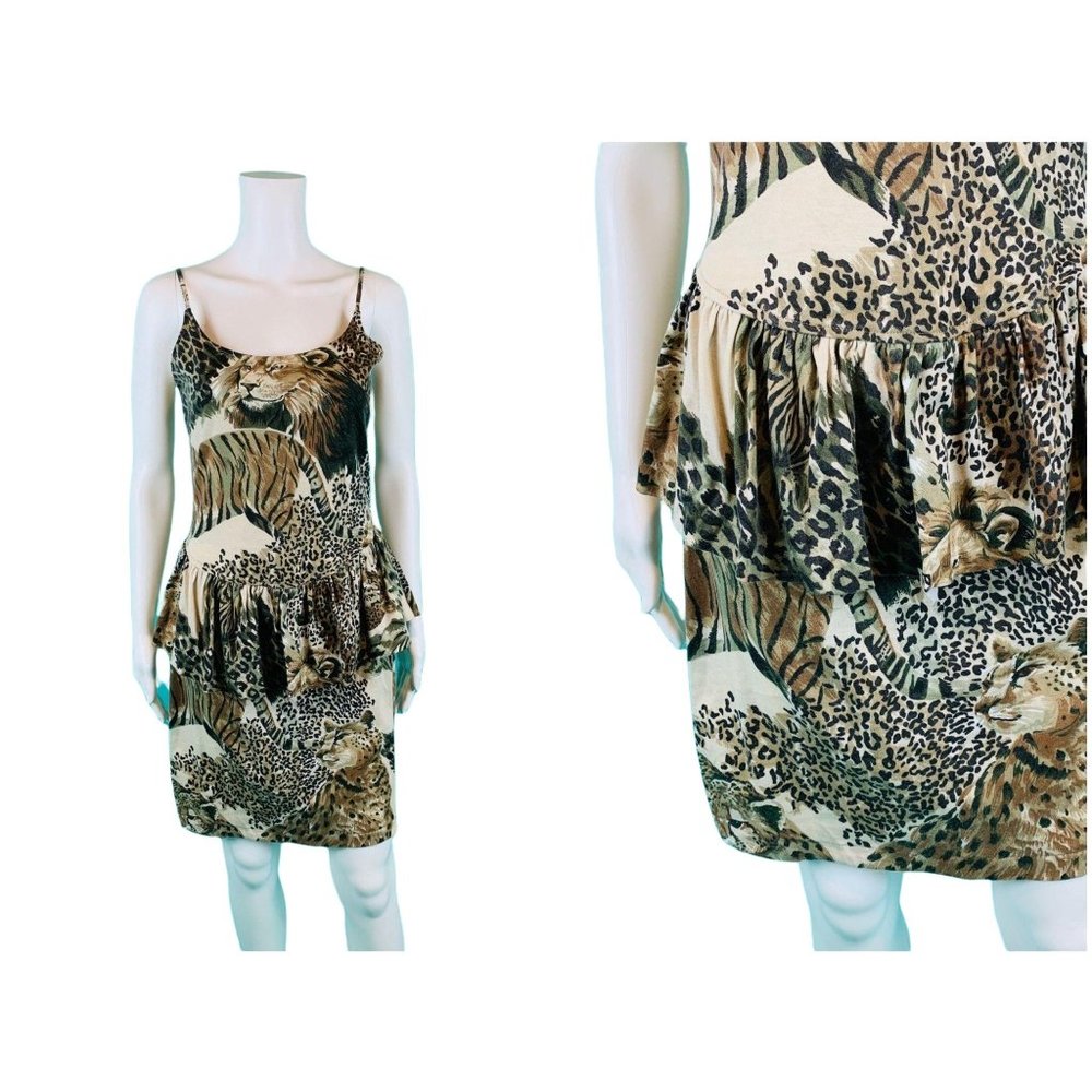 Vintage 1980s Mini Dress Lion Tiger Animal Print Peplum Party | B 34"